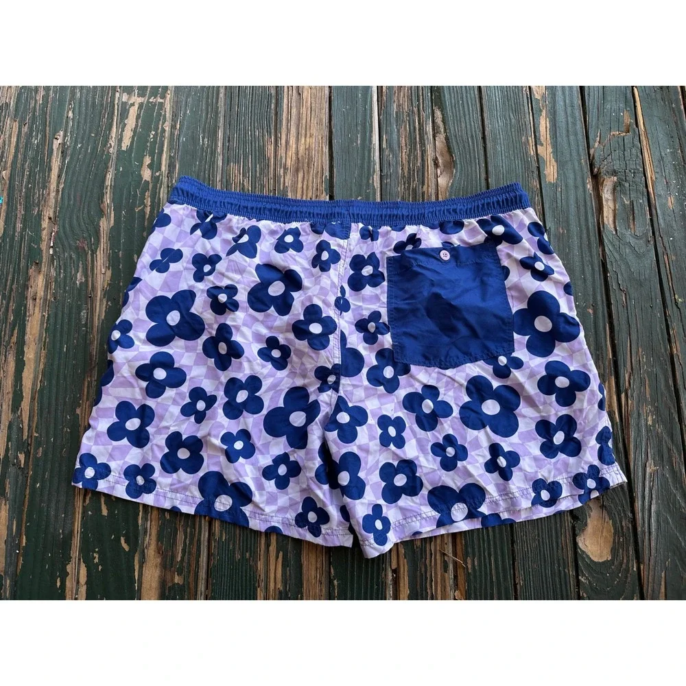Mens Floral Checkerboard Swim Trunks‎ Purple Blue Board Shorts Drawstring Waist